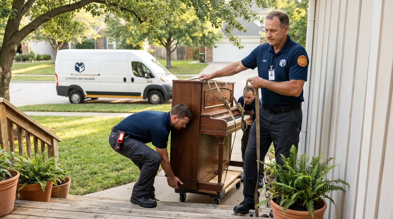 Licensed piano movers securing grand piano in Fort Lee, NJ