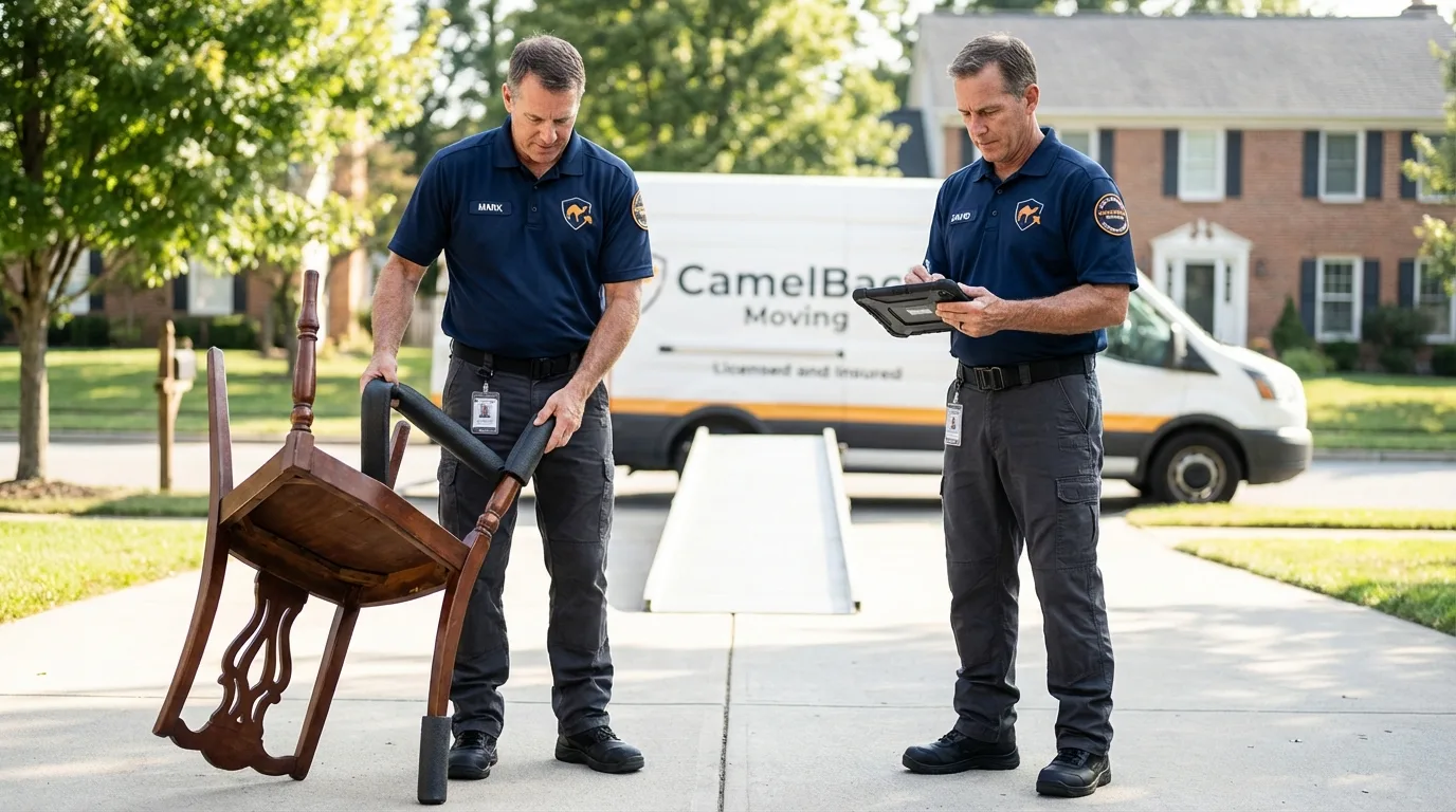 Movers inspecting furniture for damage prevention before loading in Fort Lee, NJ