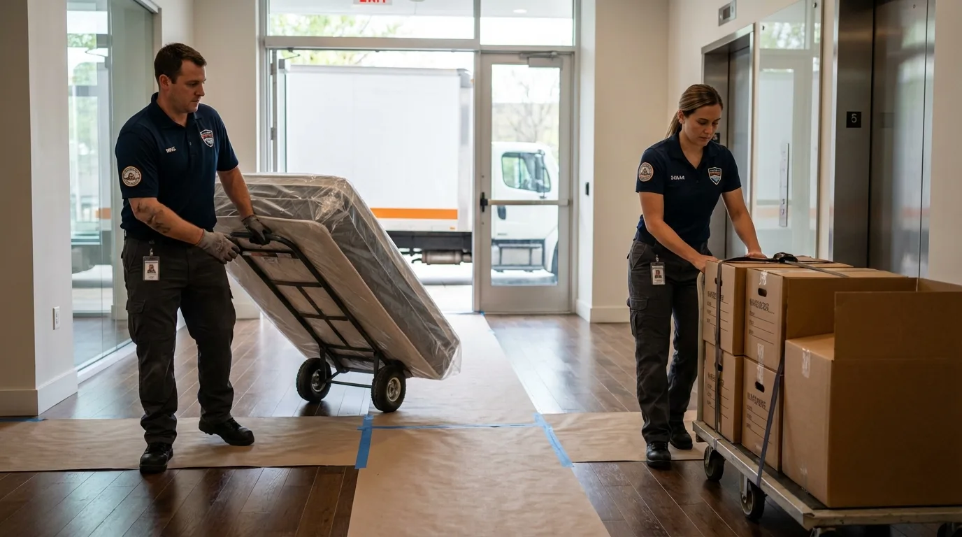 Professional apartment movers loading elevator in Fort Lee, NJ