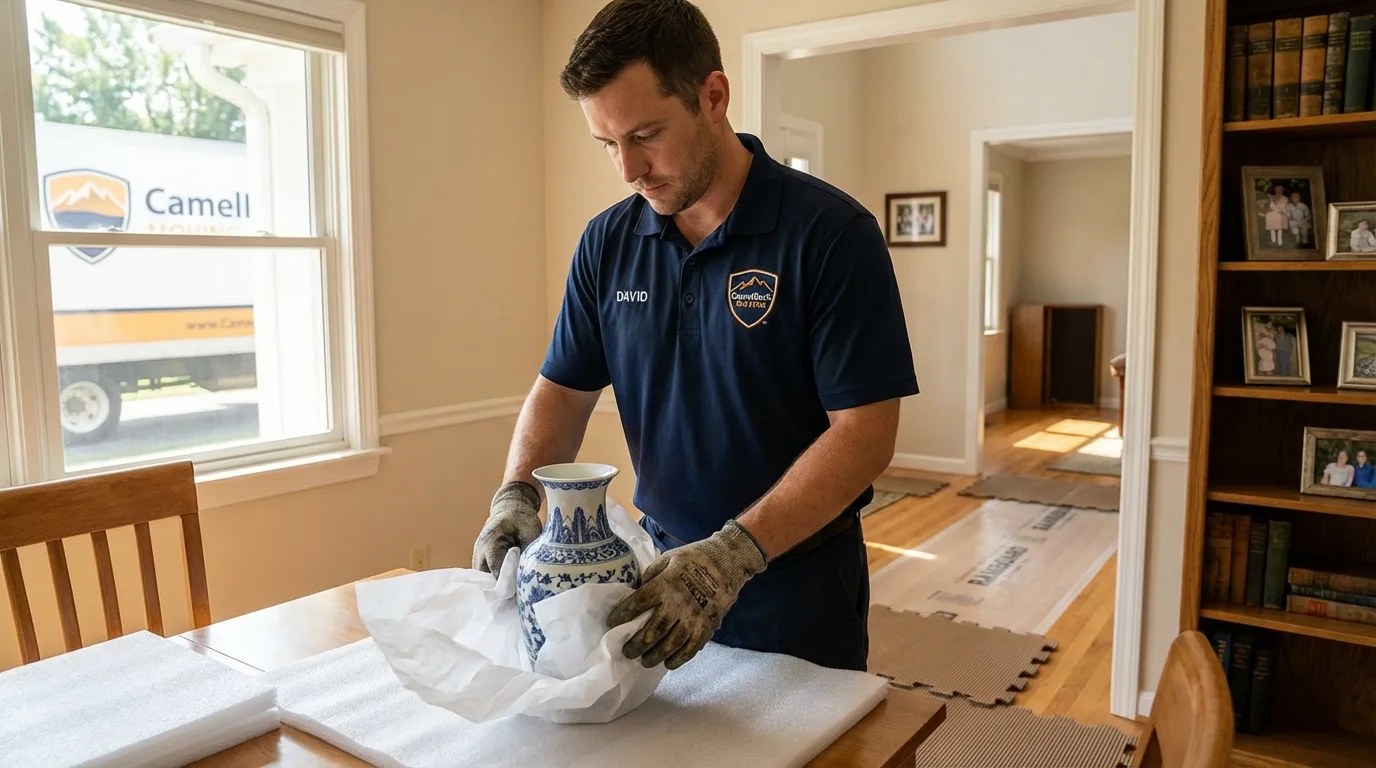 Professional crew carefully wrapping antique vase for senior downsizing move in Fort Lee, NJ